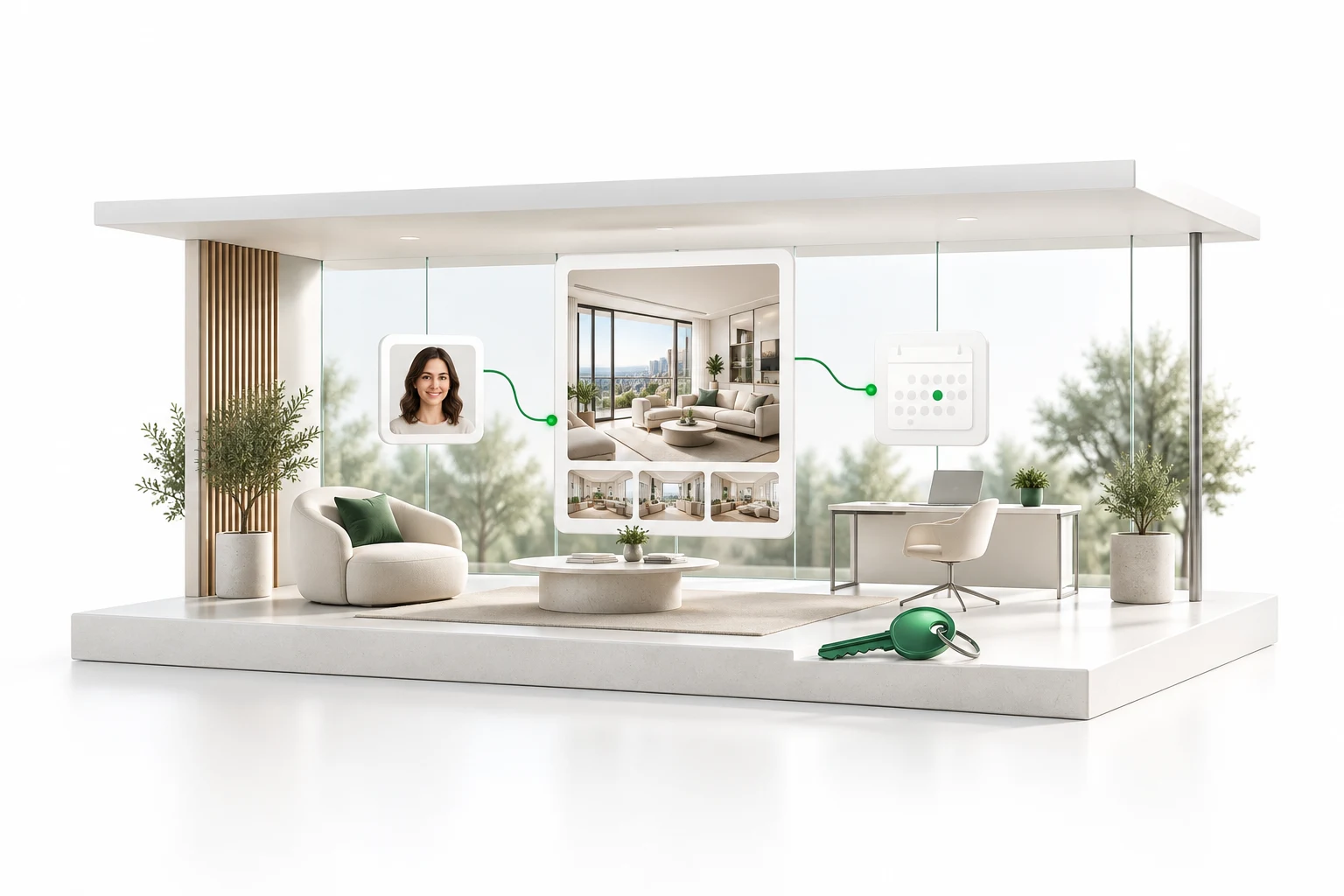 An illustrated private workspace bringing client, property and calendar tools under one roof, with a green key in front