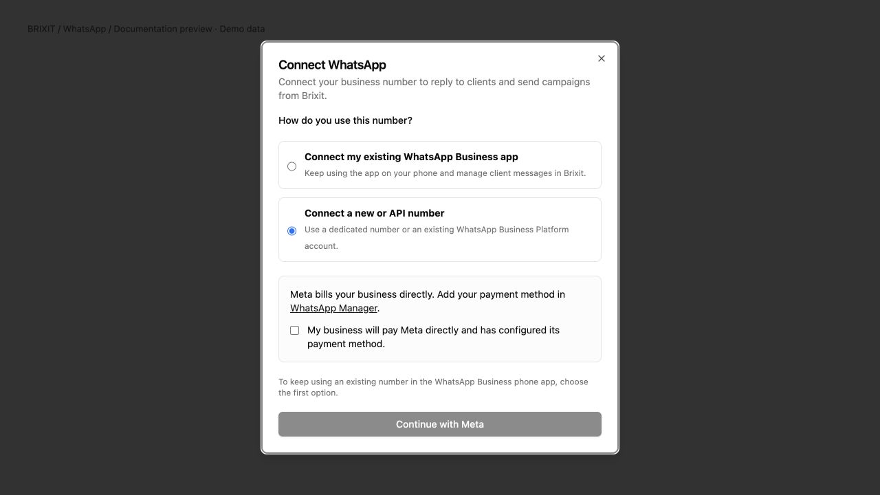 Brixit connection dialog with new or API number selected, billing confirmation and Continue with Meta