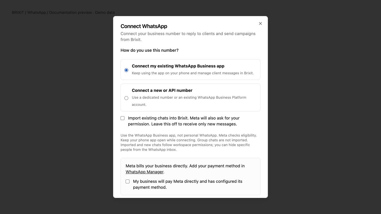 Brixit connection dialog with the existing WhatsApp Business app option selected and optional chat import unchecked