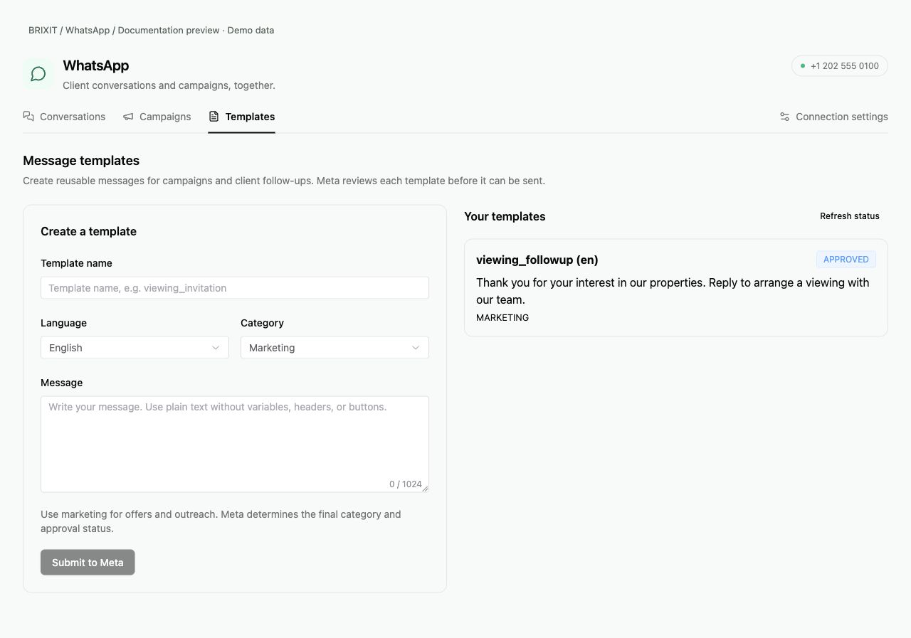 Brixit Templates page showing the creation form and an example approved text template